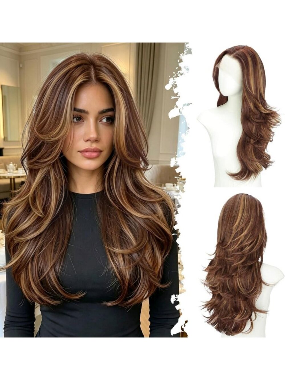 Brown Highlight Feathered Layered Lace Front Wig for Women - 13x4 Natural Look